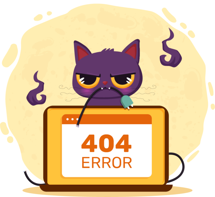 Un gato morado gruñón con ojos naranjas muerde un cable negro encima de un portátil que muestra el mensaje "404 ERROR". El gato echa humo morado y el fondo es amarillo claro con motivos circulares, lo que sugiere una divertida ilustración de error de sitio web.
